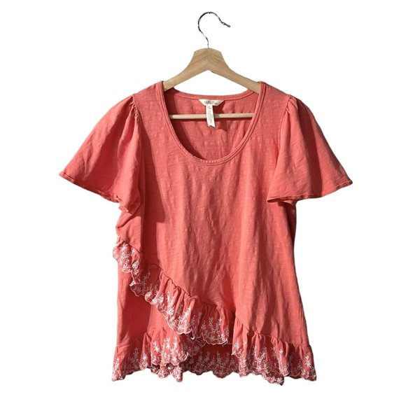 Matilda Jane Eureka Springs Embroidered Ruffle Top Size Small Coral Eyelet Tee - Picture 4 of 10